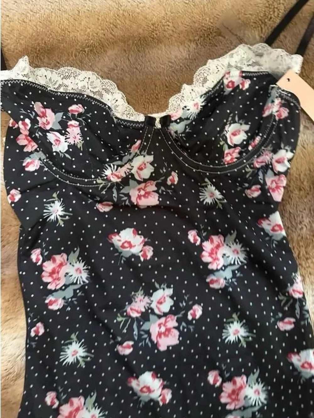 Black Floral Lace-Trim Maxi Slip Dress with Pink Roses
